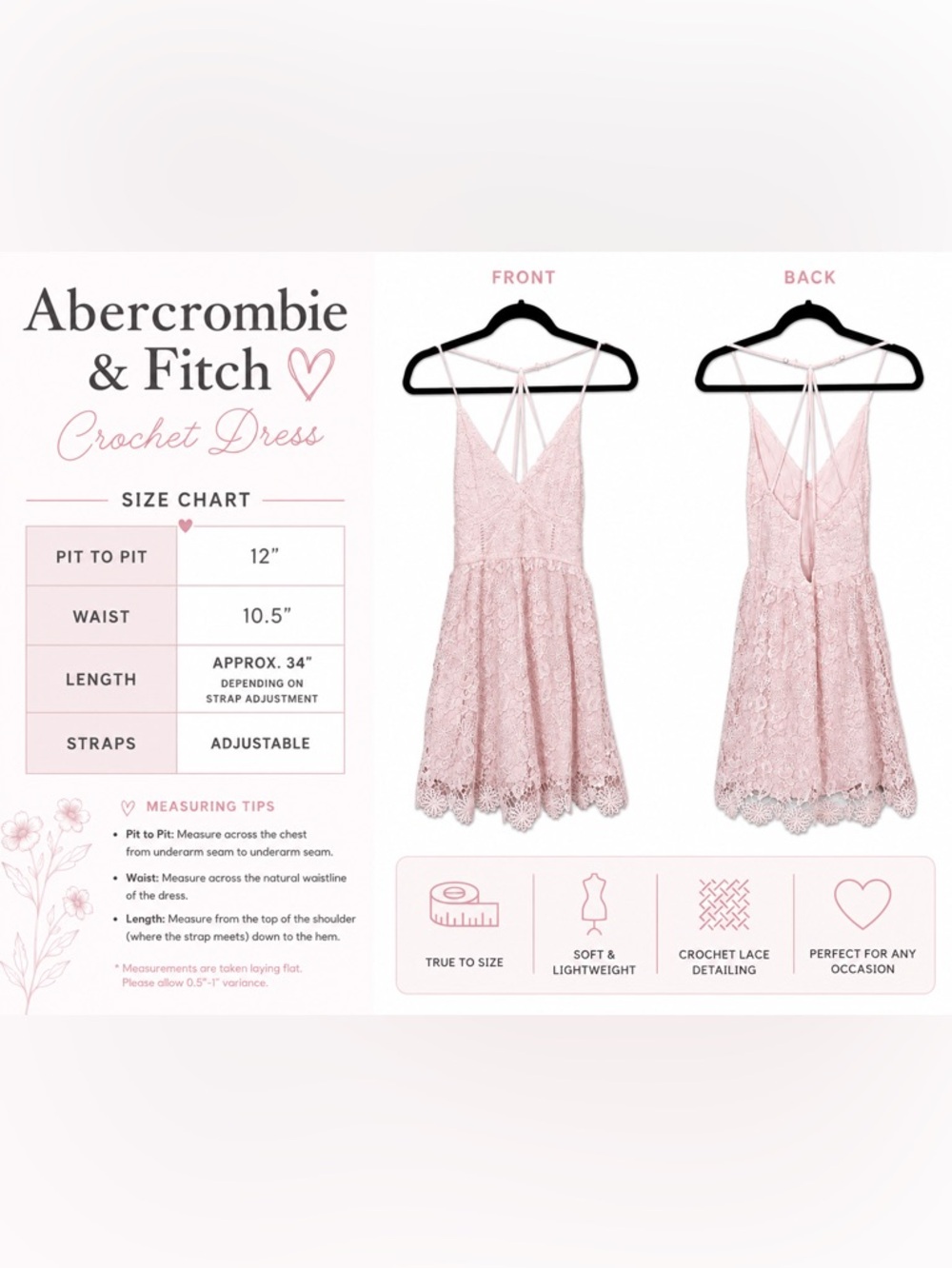Abercrombie & Fitch Pink Crochet Lace Dress | | Adjustable Straps | Mini Dress - Picture 5 of 5